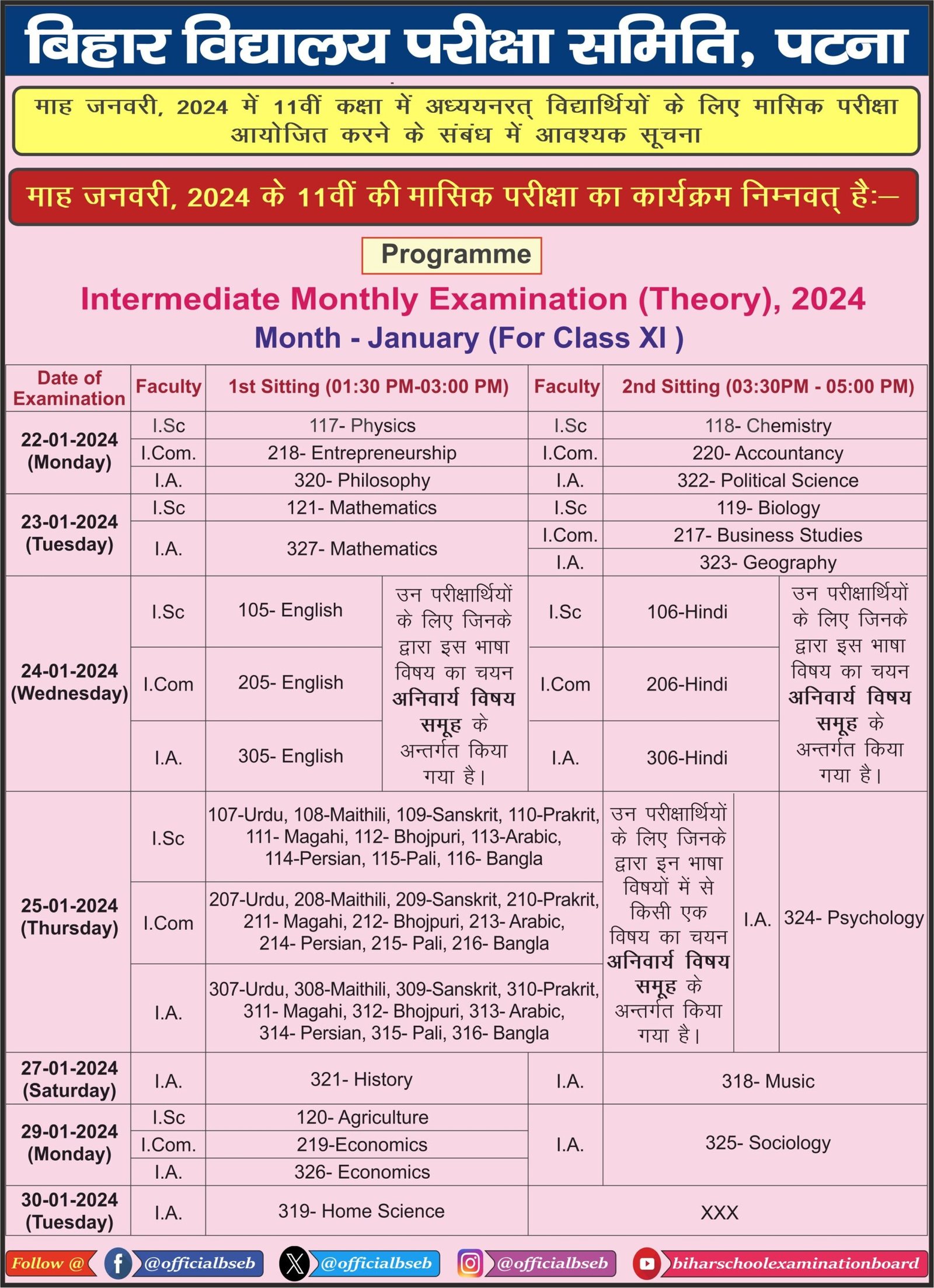 Bihar Board 11th January Monthly Exam 2024