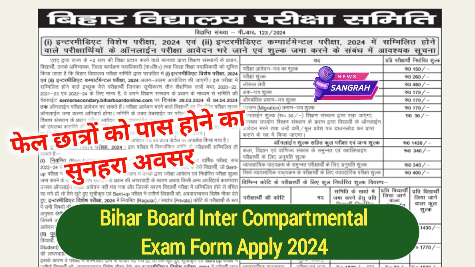 Bihar Board Inter Compartmental Exam Form Apply 2024